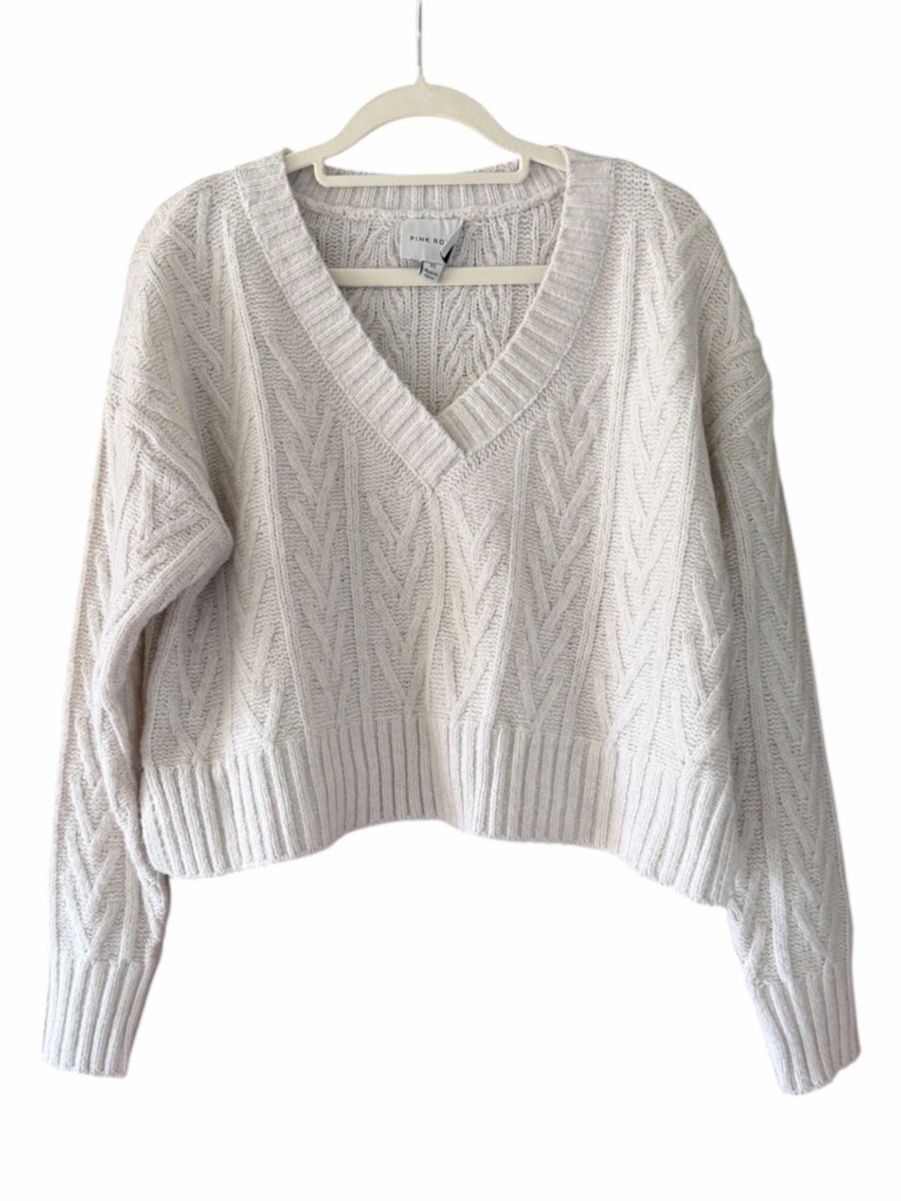 PINK ROSE Cream Cable Knit V-Neck Cropped Sweater XS